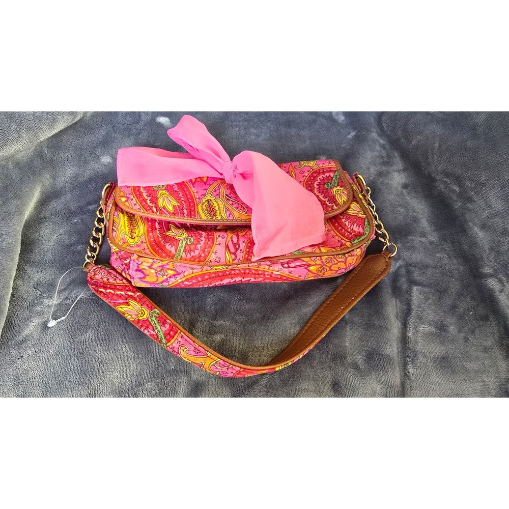 Liz Claiborne Pink Paisley Canvas Shoulder Bag with Chiffon Bow Accent Y2K